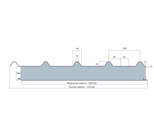 Сэндвич панели кровельные с минеральной ватой, ширина 1000 мм, толщина 300 мм, 0.5/0.5, RAL9010
